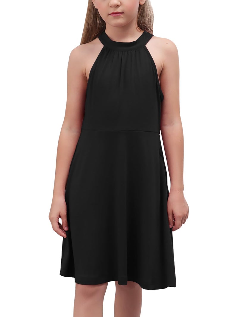 GORLYA Girl's Halter Neck Cold Shoulder Sleeveless Summer Casual Sundress A-line Dress with Pockets for 4-12 Years(GOR1013,12Y,Black) - Image 1